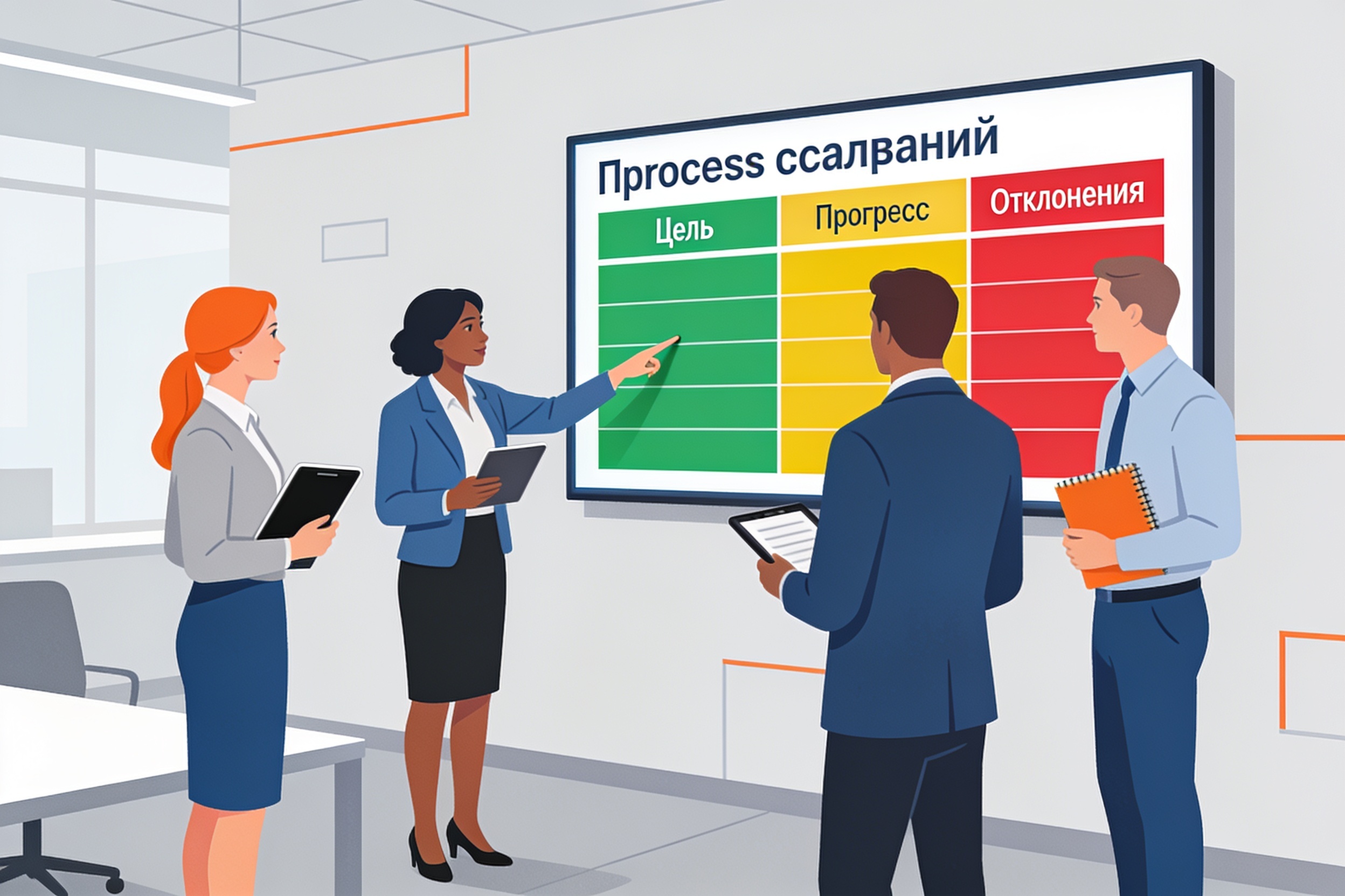 Команда российских менеджеров анализирует прогресс по целям на большой digital-панели