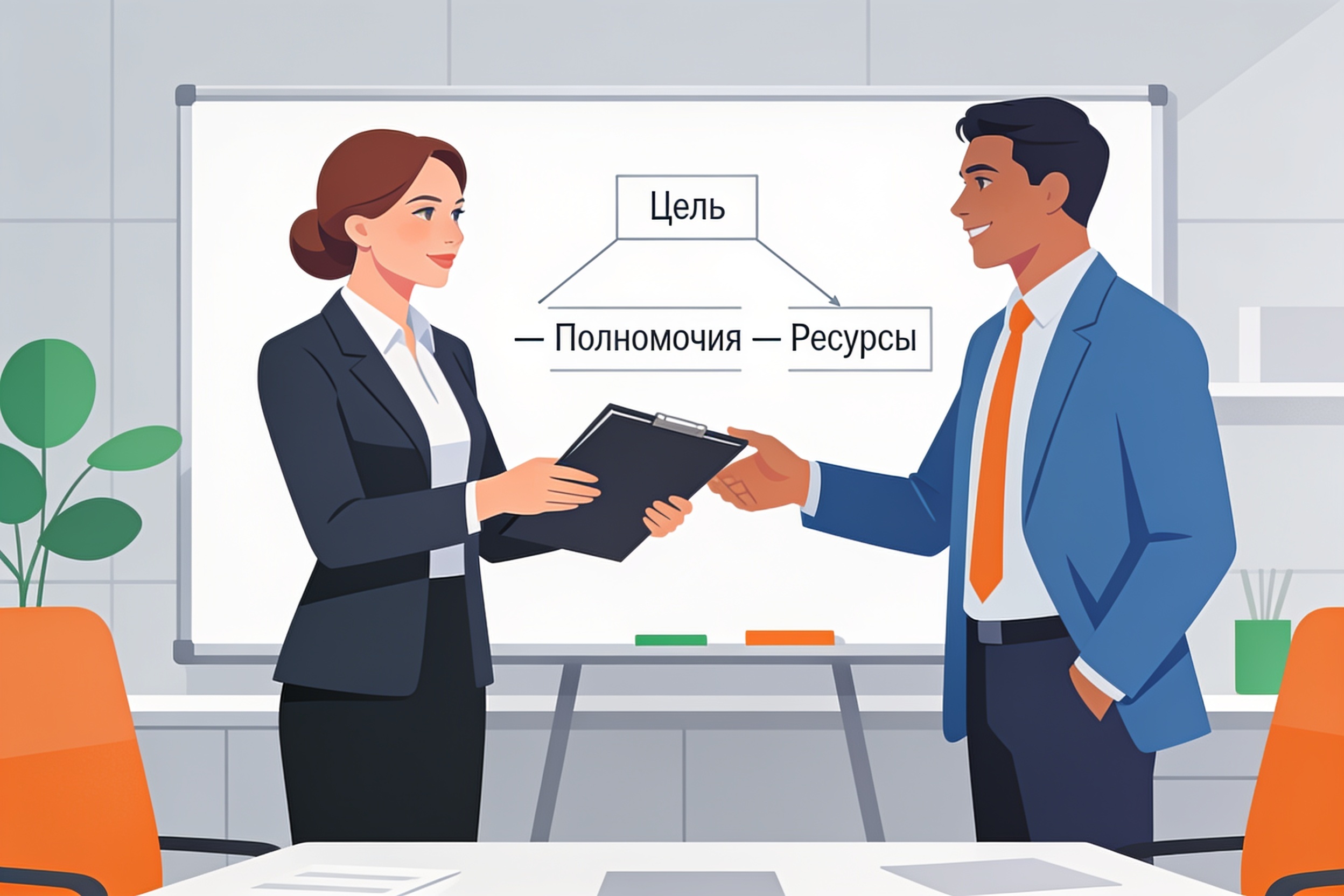 Руководитель передаёт проект сотруднику, обсуждая цель, полномочия и ресурсы.