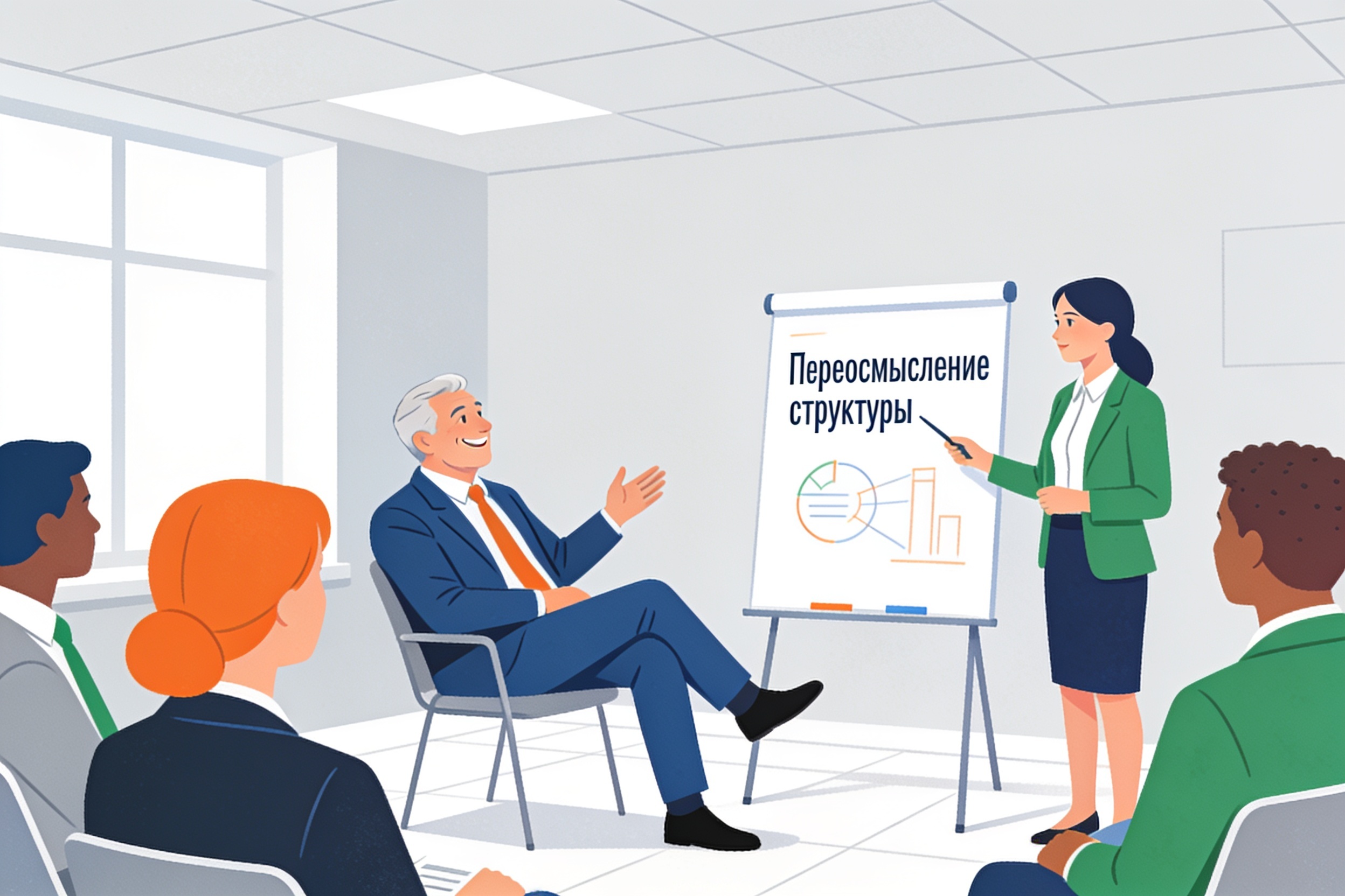 Лидер и команда обсуждают переосмысление оргструктуры без иерархии