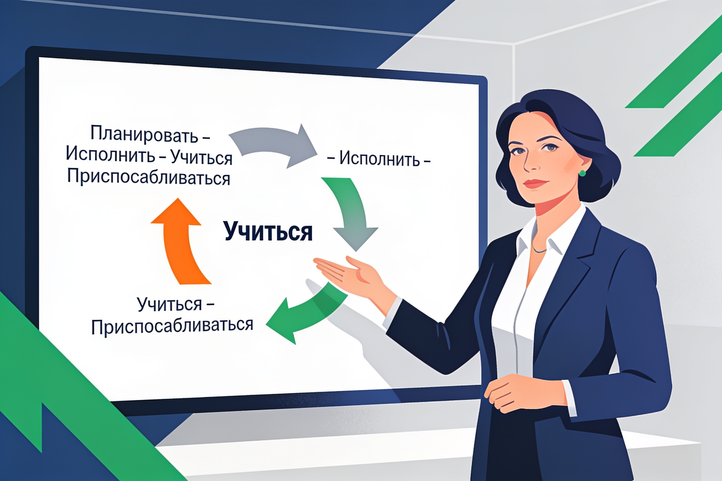 Руководитель объясняет цикл непрерывного обучения и адаптации в компании