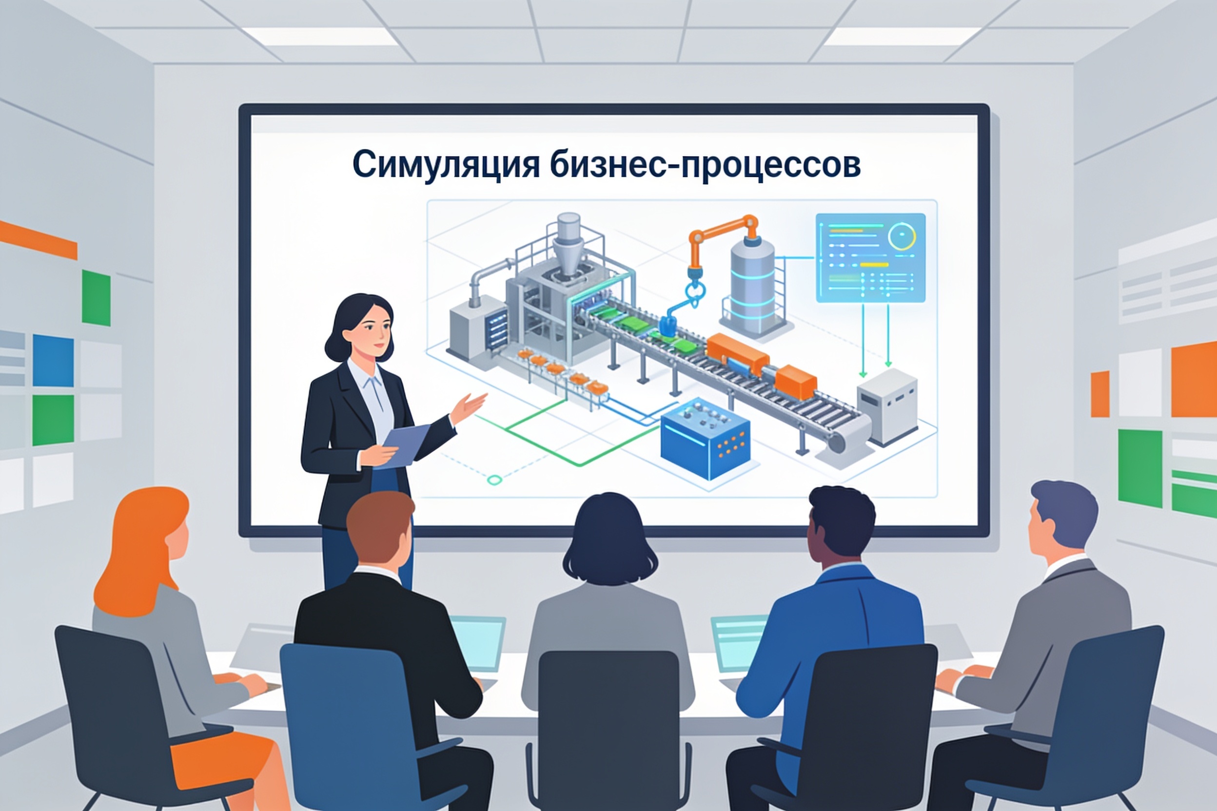 ИИ меняет правила: джазовое лидерство и культура симуляций 2 Симуляция бизнес-процессов на экране в офисе