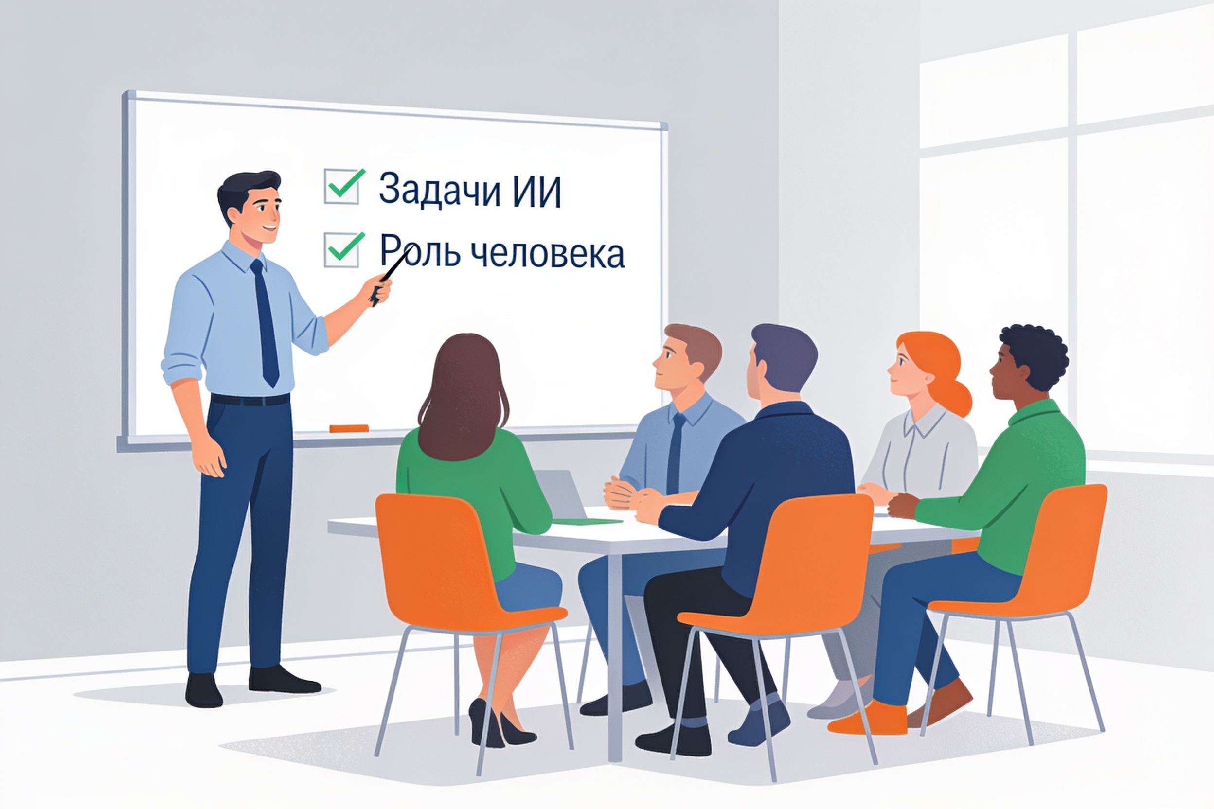 Обсуждение распределения задач между ИИ и сотрудниками на командной встрече