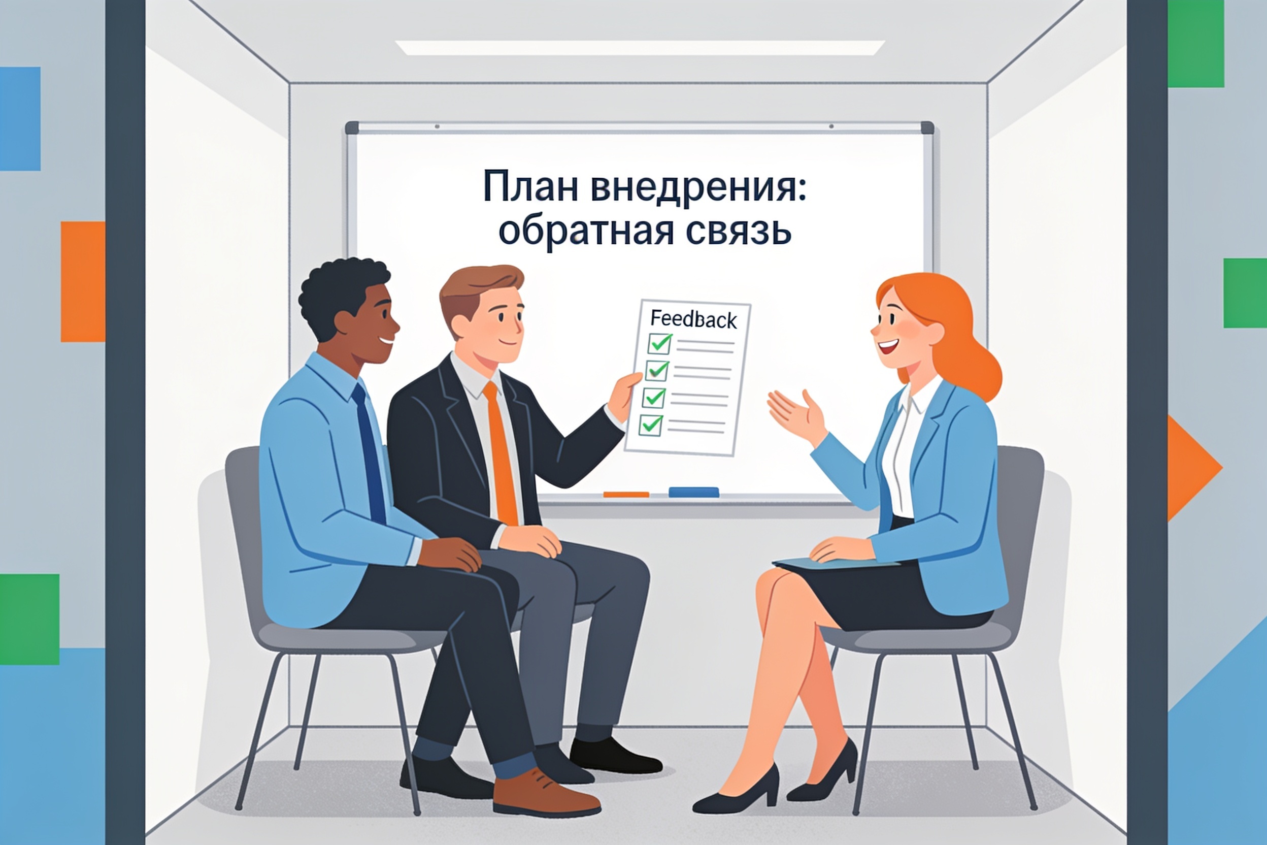 Команда российских менеджеров обсуждает внедрение нового инструмента с тренинга в практику.