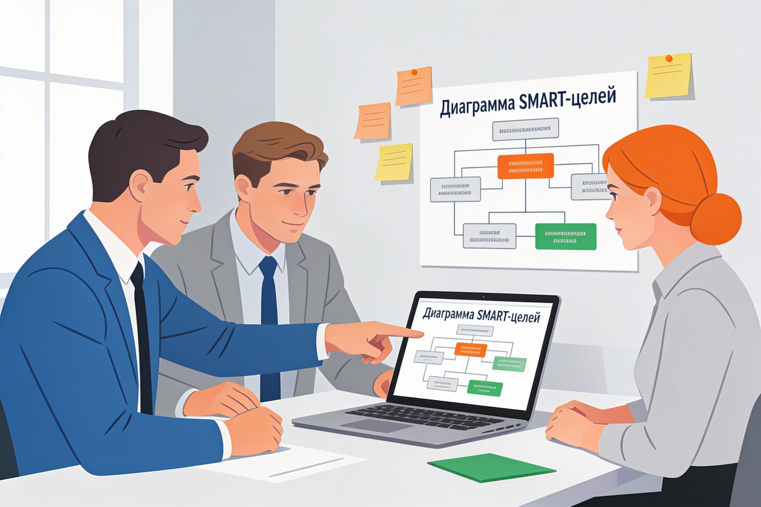Кросс-функциональная команда обсуждает SMART-цели на следующий квартал
