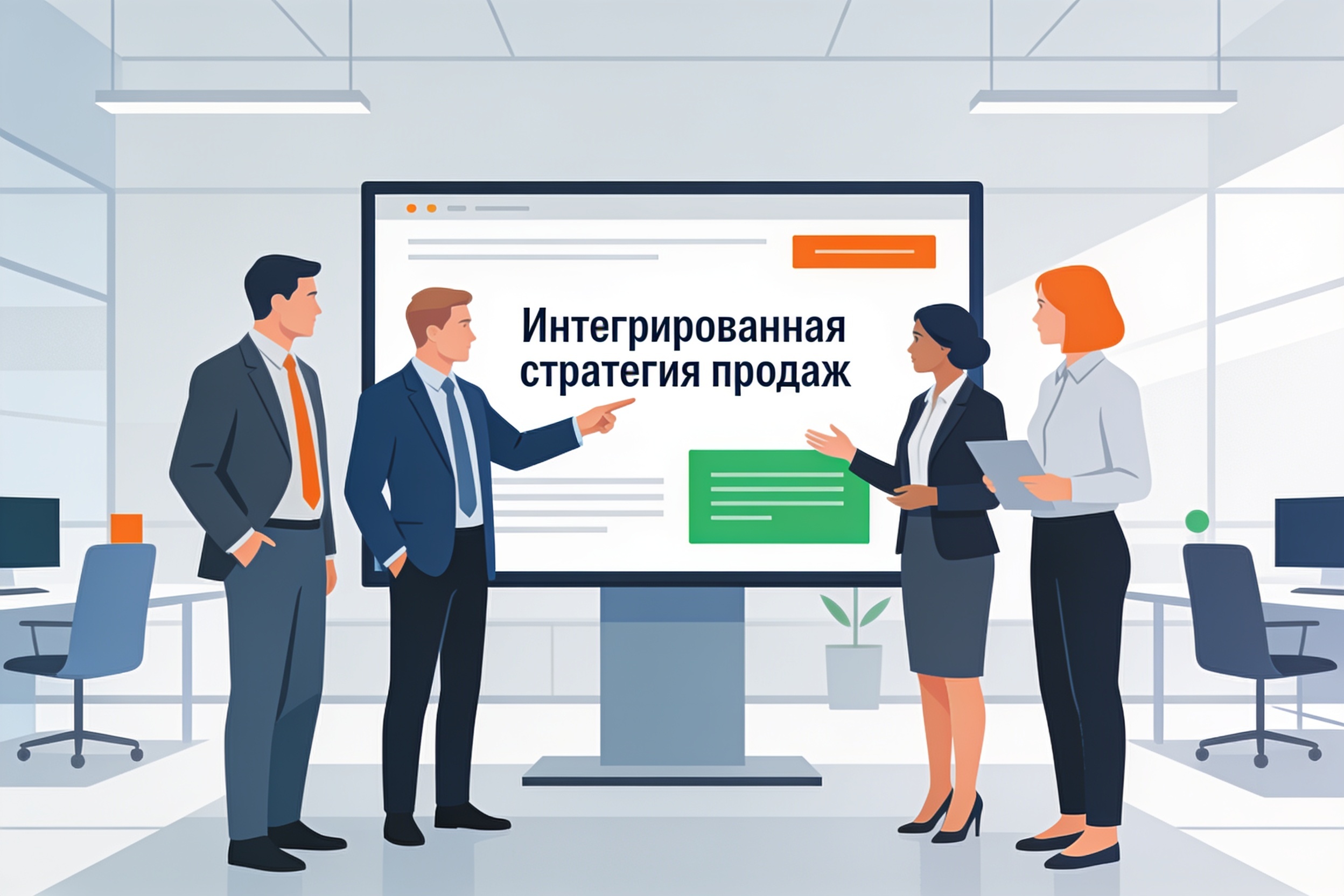 Кросс-функциональная команда обсуждает стратегию интегрированных продаж