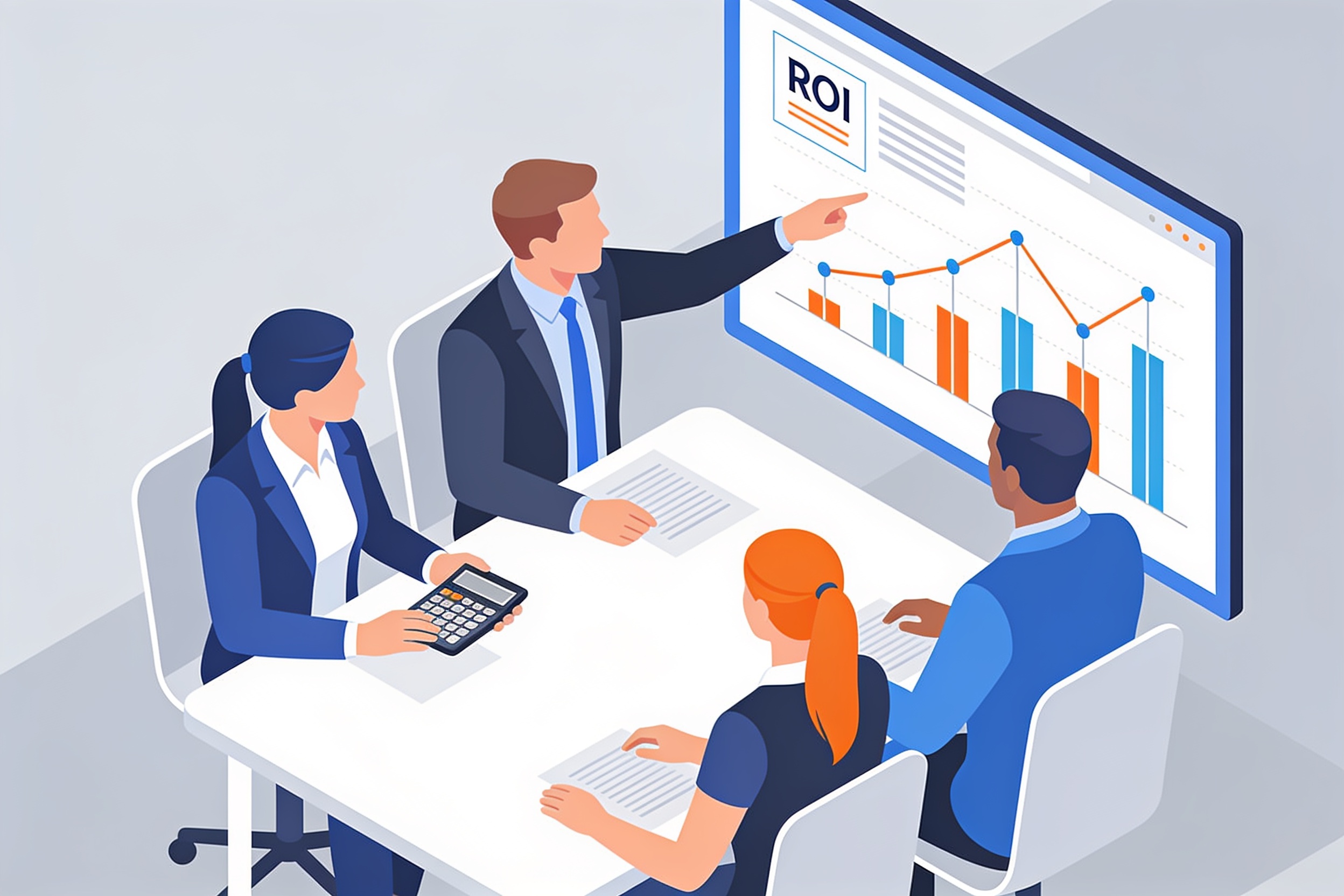 Команда обсуждает возврат инвестиций (ROI) во время планерки по продажам