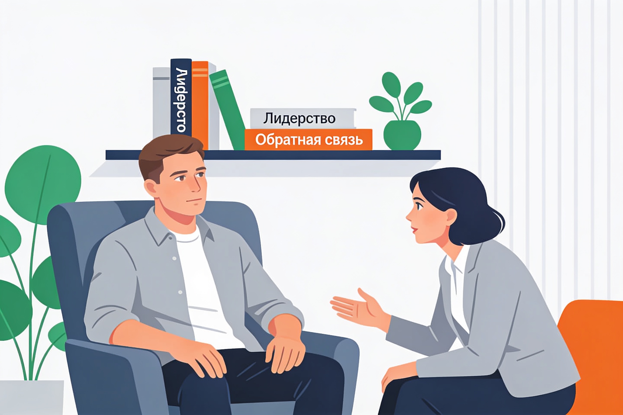 Коуч-сессия: руководитель размышляет над неудобным вопросом, коуч внимательно слушает