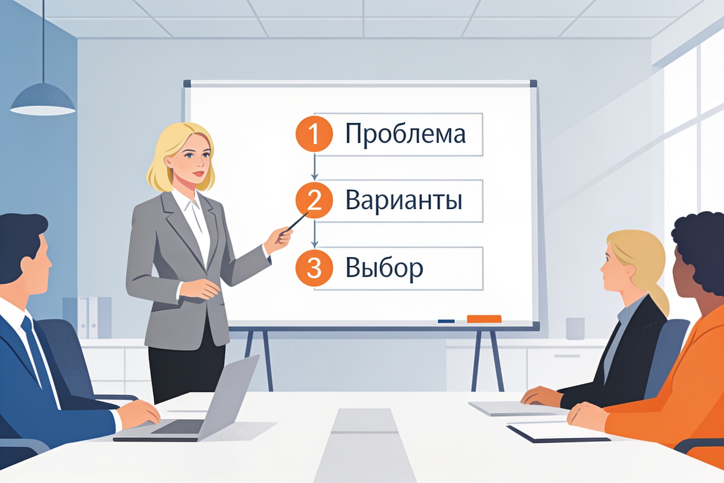 HR-директор презентует команде фреймворк принятия решений на доске.