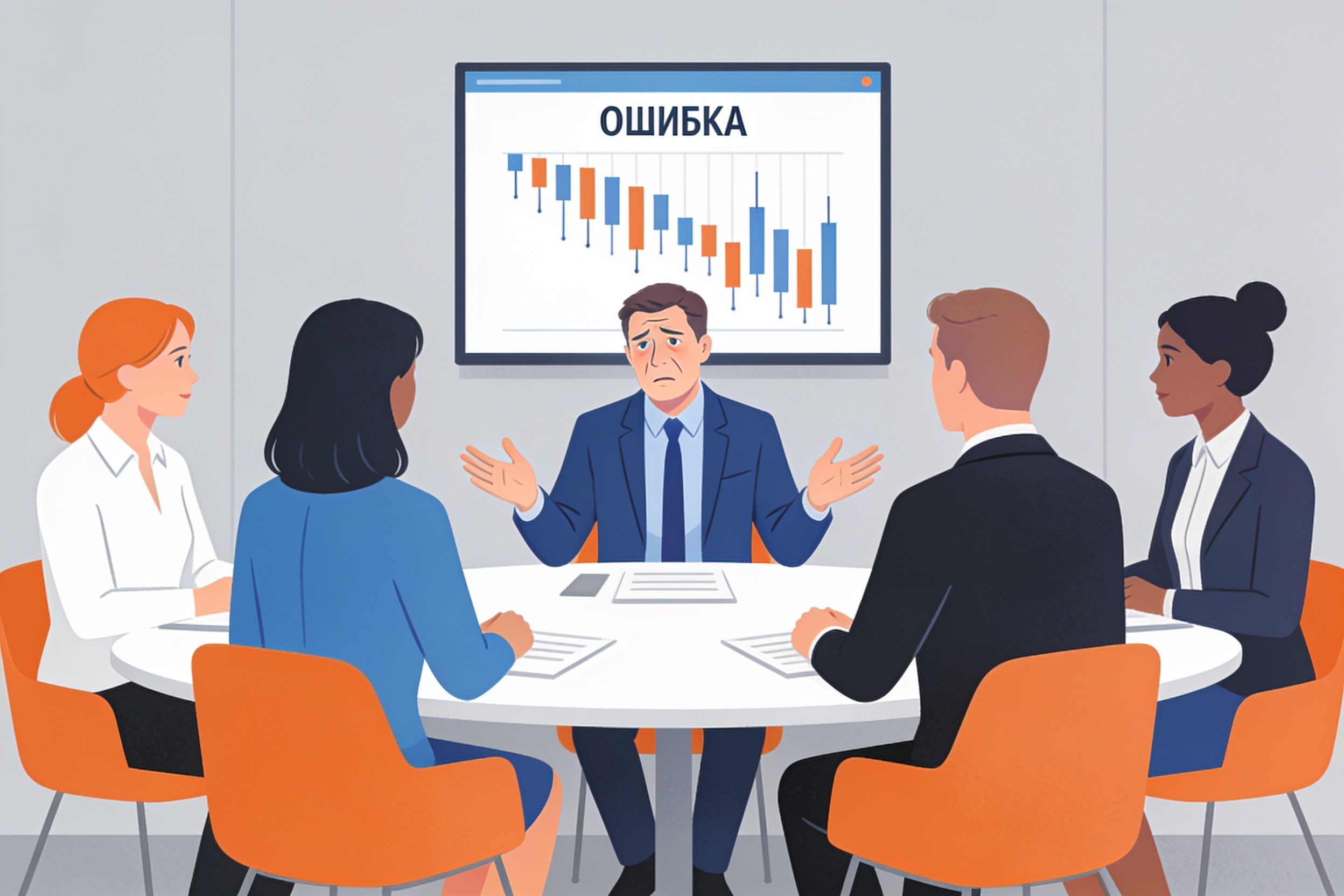 Руководитель открыто обсуждает собственную ошибку с командой на фоне экрана с предупреждением на русском языке