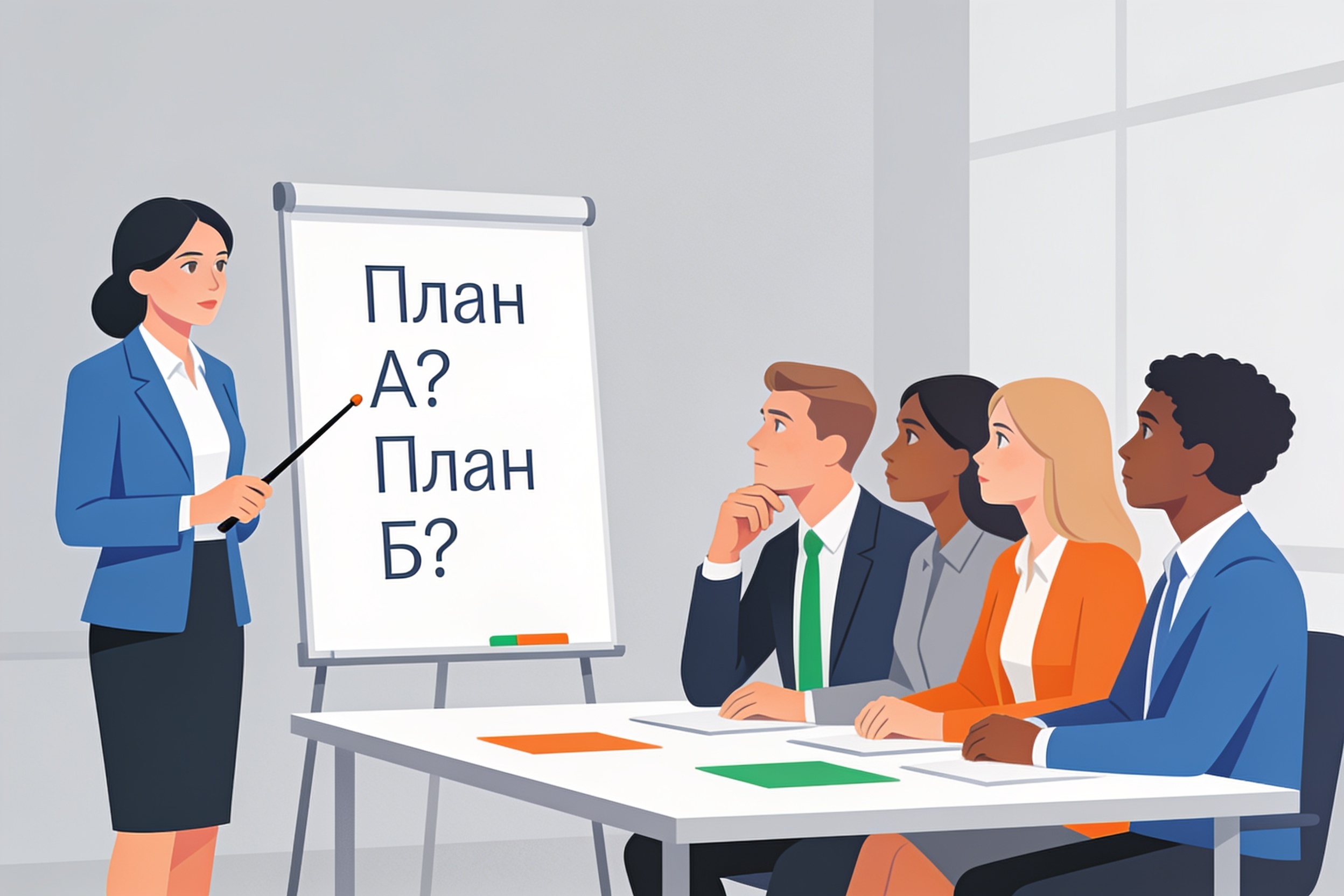 Бизнес-тренер проводит занятие по принятию решений в неопределённости для группы руководителей.