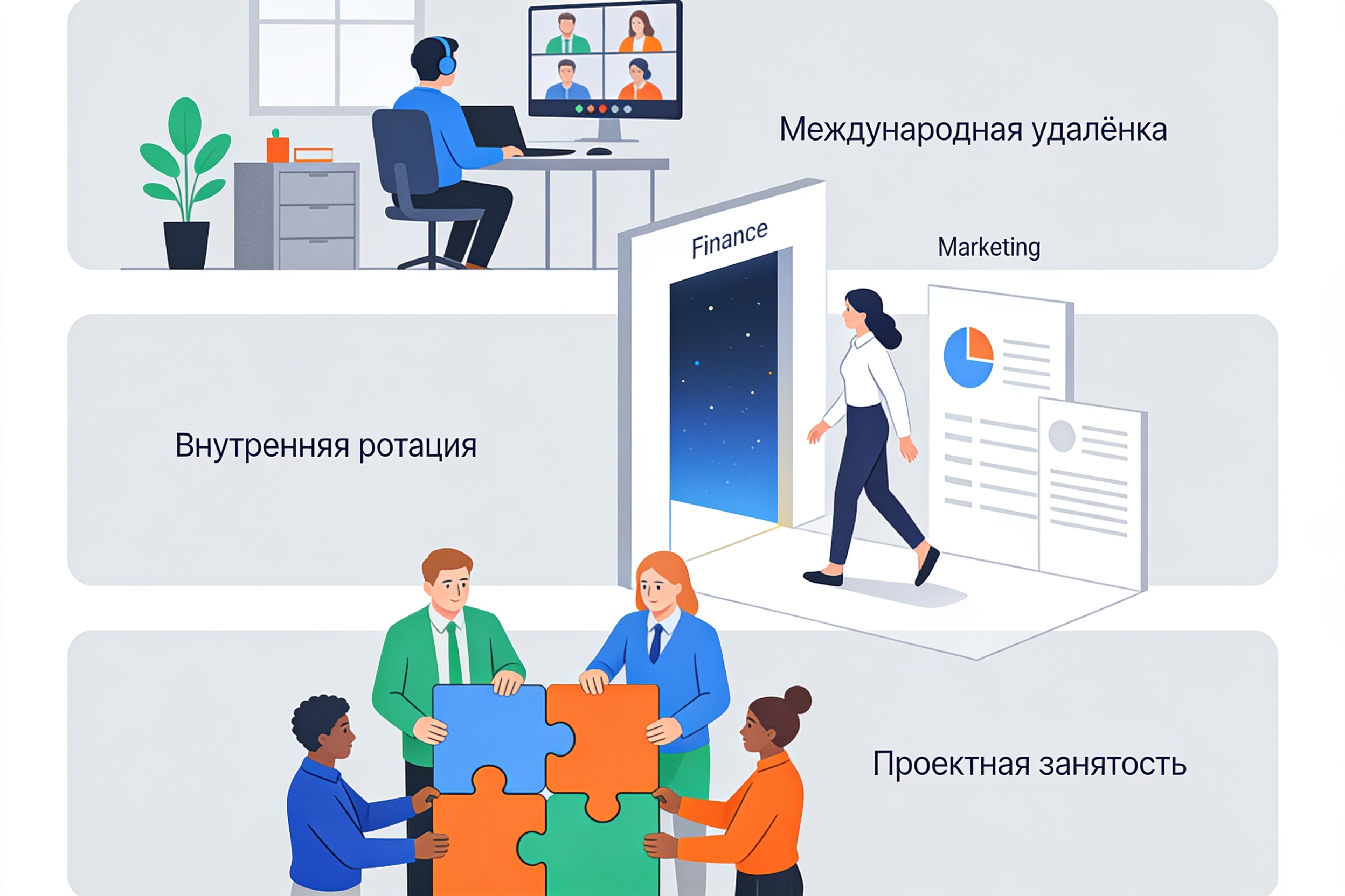 Схематичное изображение трёх видов мобильности: удалёнка, ротация и проектная работа