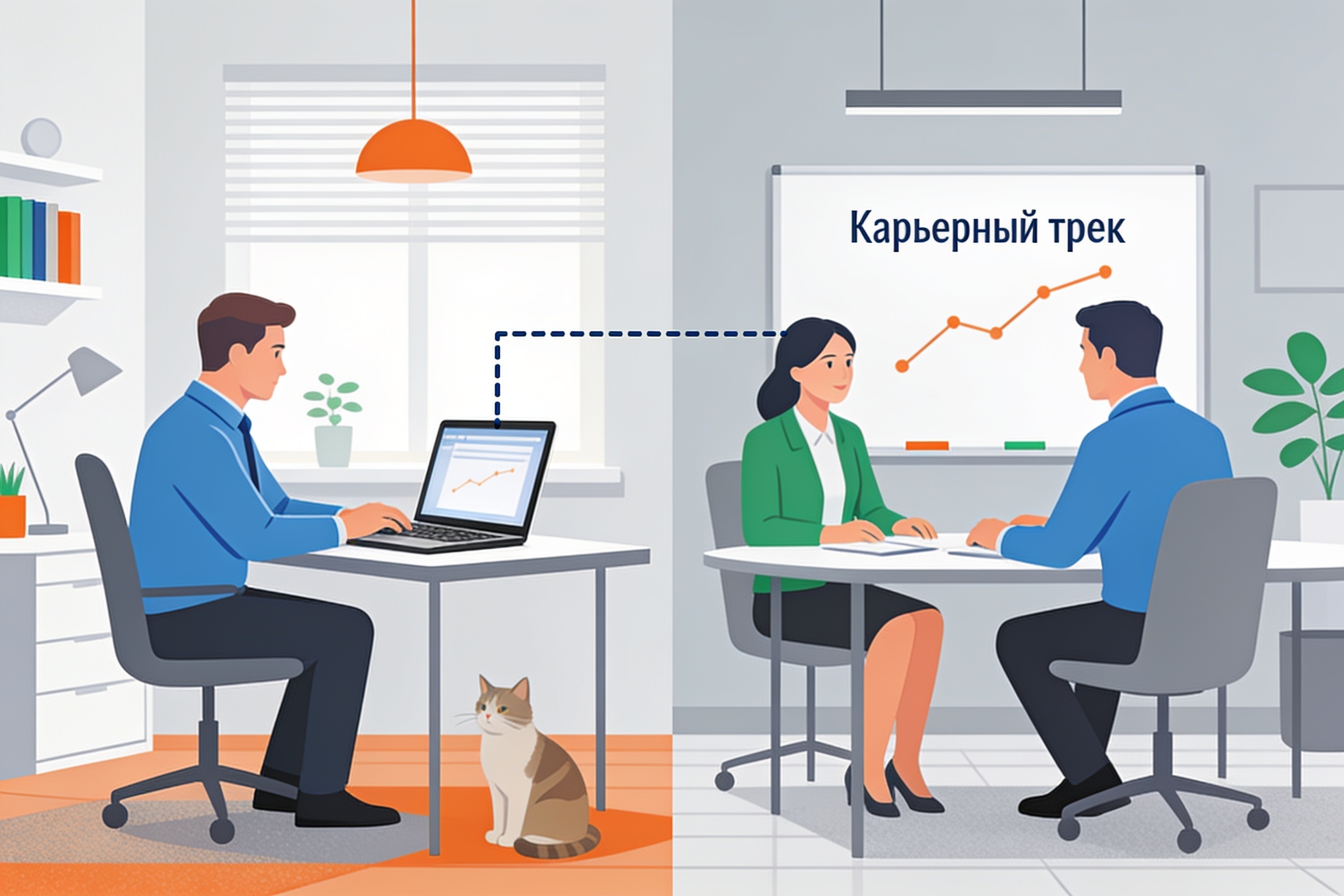 Гибридный формат работы: сотрудник работает из дома и в офисе, связанные ноутбуком.