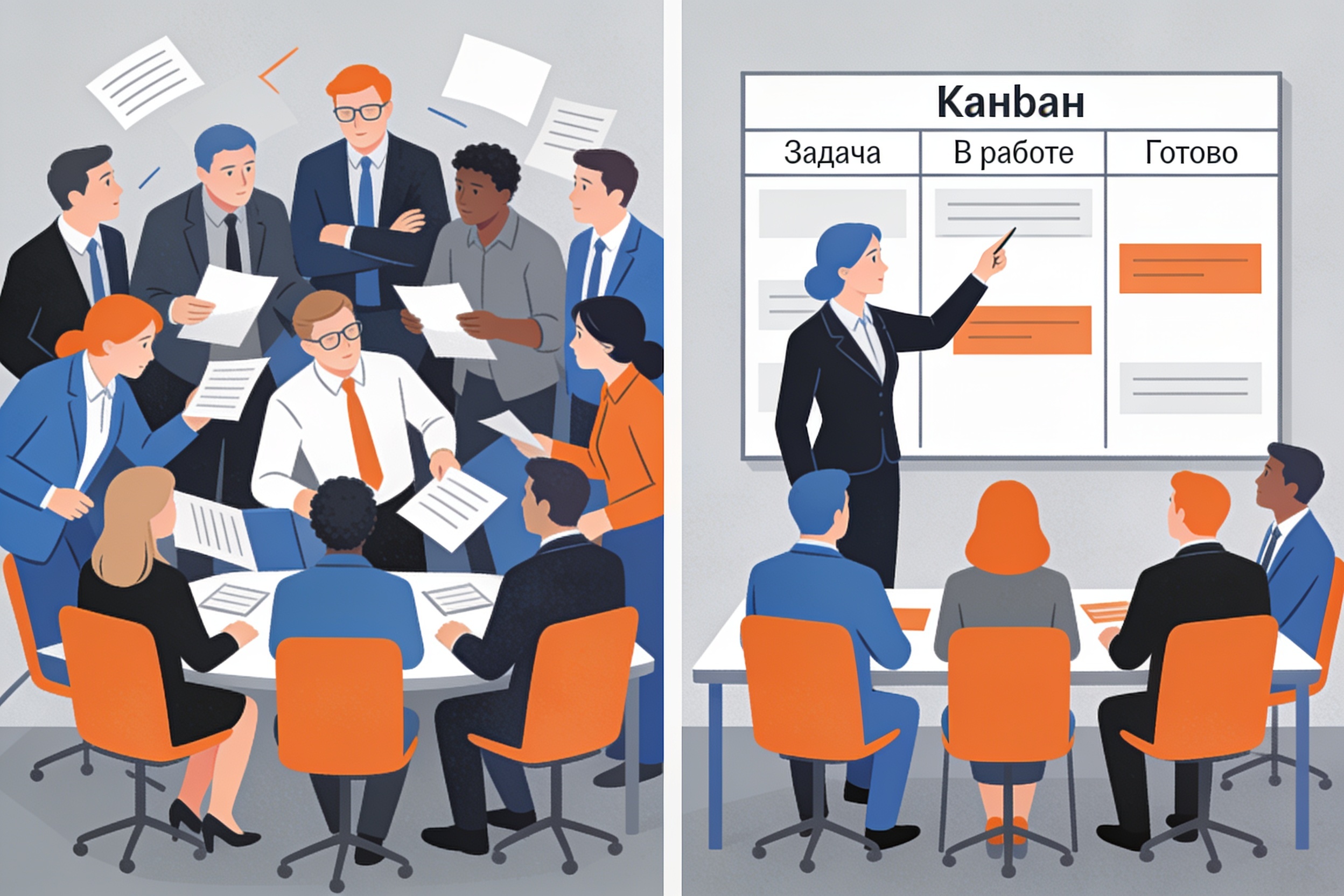 Почему ваши совещания не работают: данные и 3 правила, которые меняют всё 3 Сравнение: хаотичное совещание без итогов против организованного с канбан-доской
