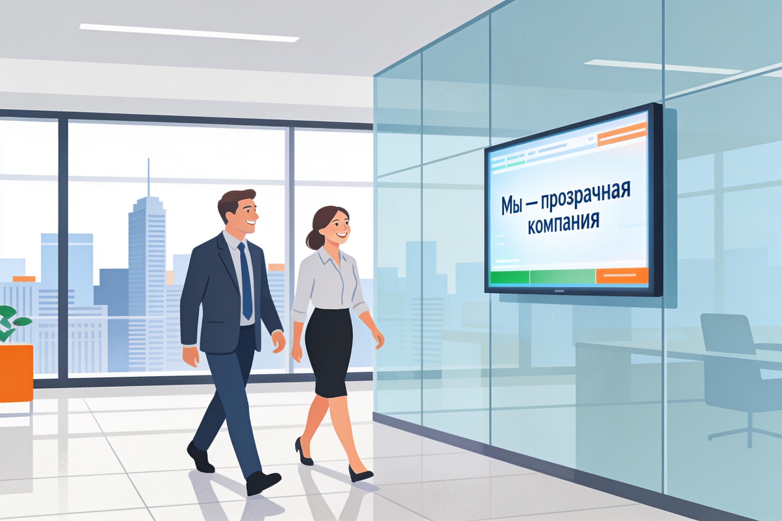 Офис с цифровым экраном, провозглашающим прозрачную зарплатную политику компании.