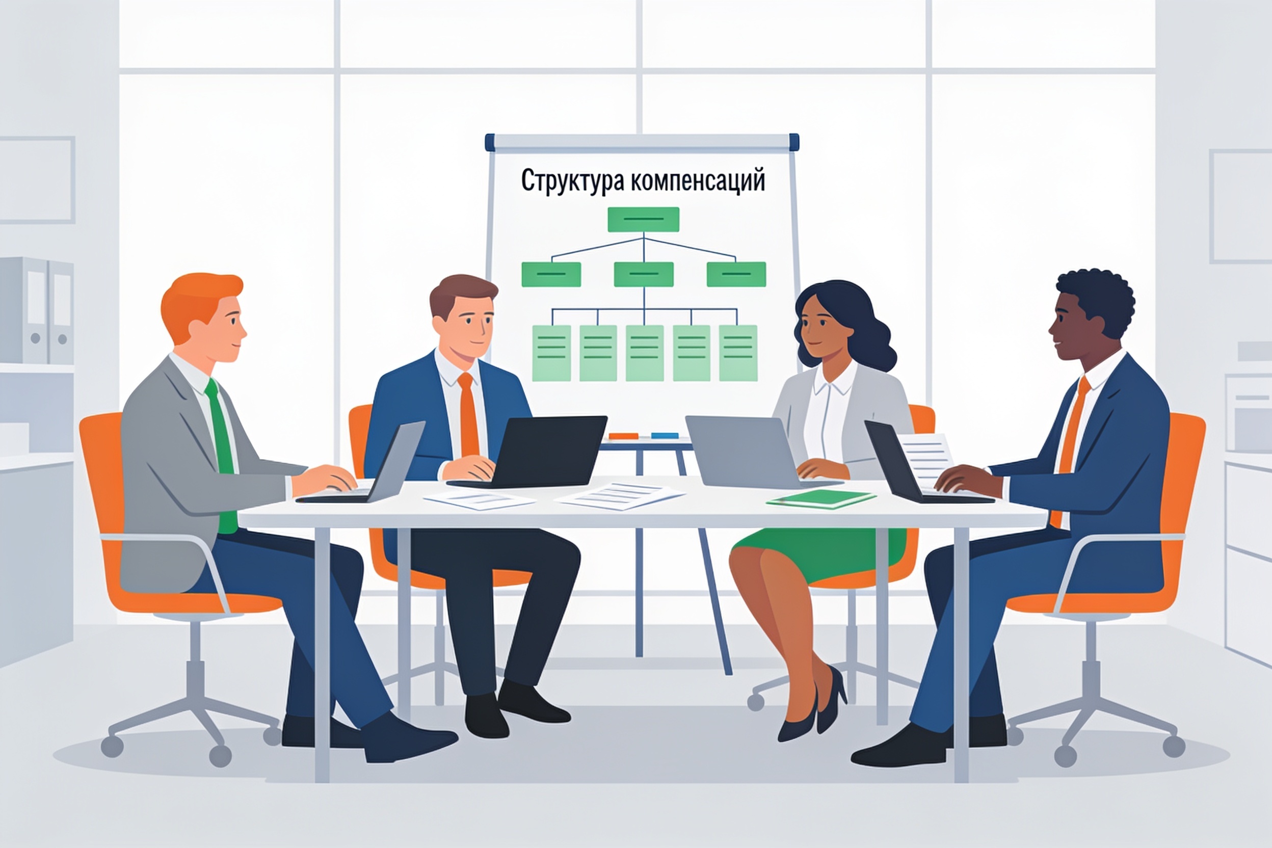Команда на встрече обсуждает структуру компенсаций, на флипчарте — схема на русском языке.