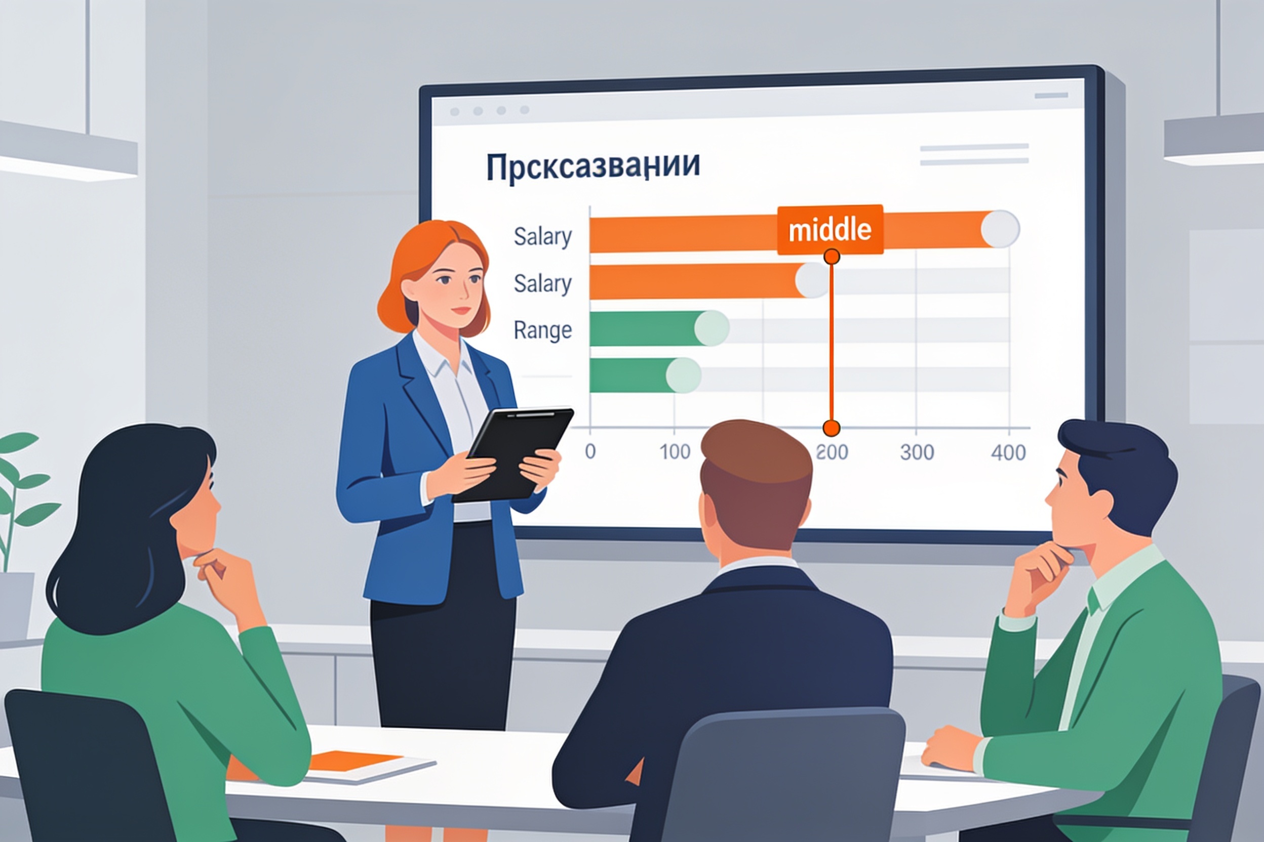HR-менеджер проводит тренинг для сотрудников, объясняя зарплатные вилки на большом экране.