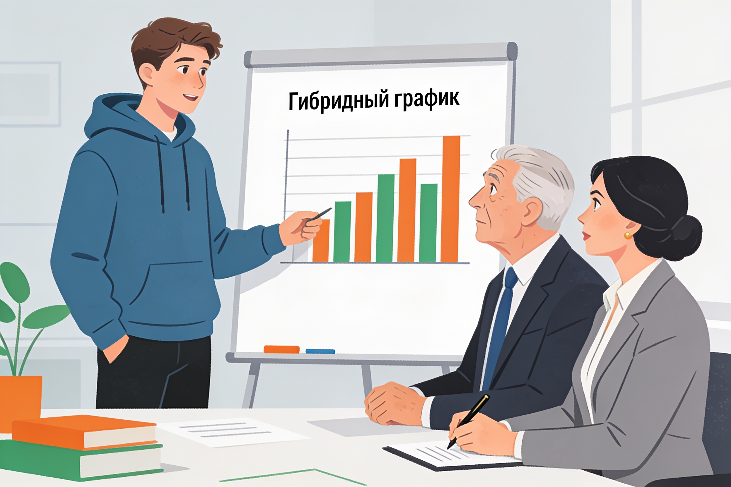 Пять поколений в одной команде: не анекдот, а реальность 2 Наставничество наоборот: молодой менеджер разбирает на доске гибридный график для опытного руководителя.
