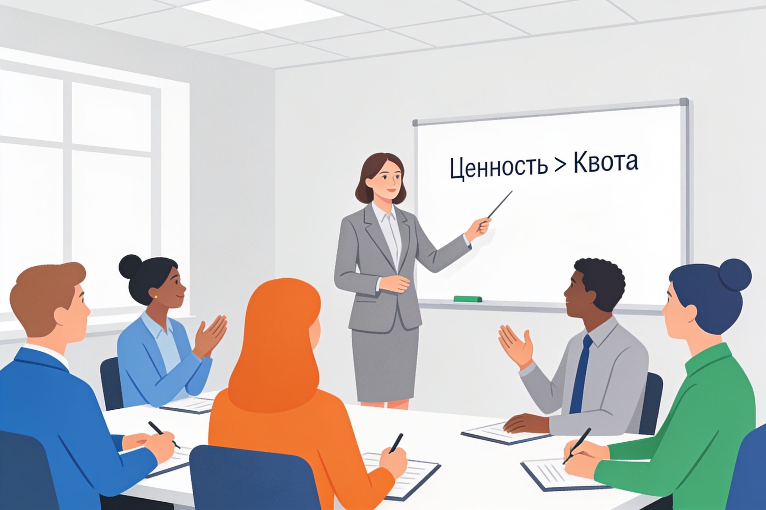 Руководитель объясняет команде принцип приоритета ценности над квотой на тренинге