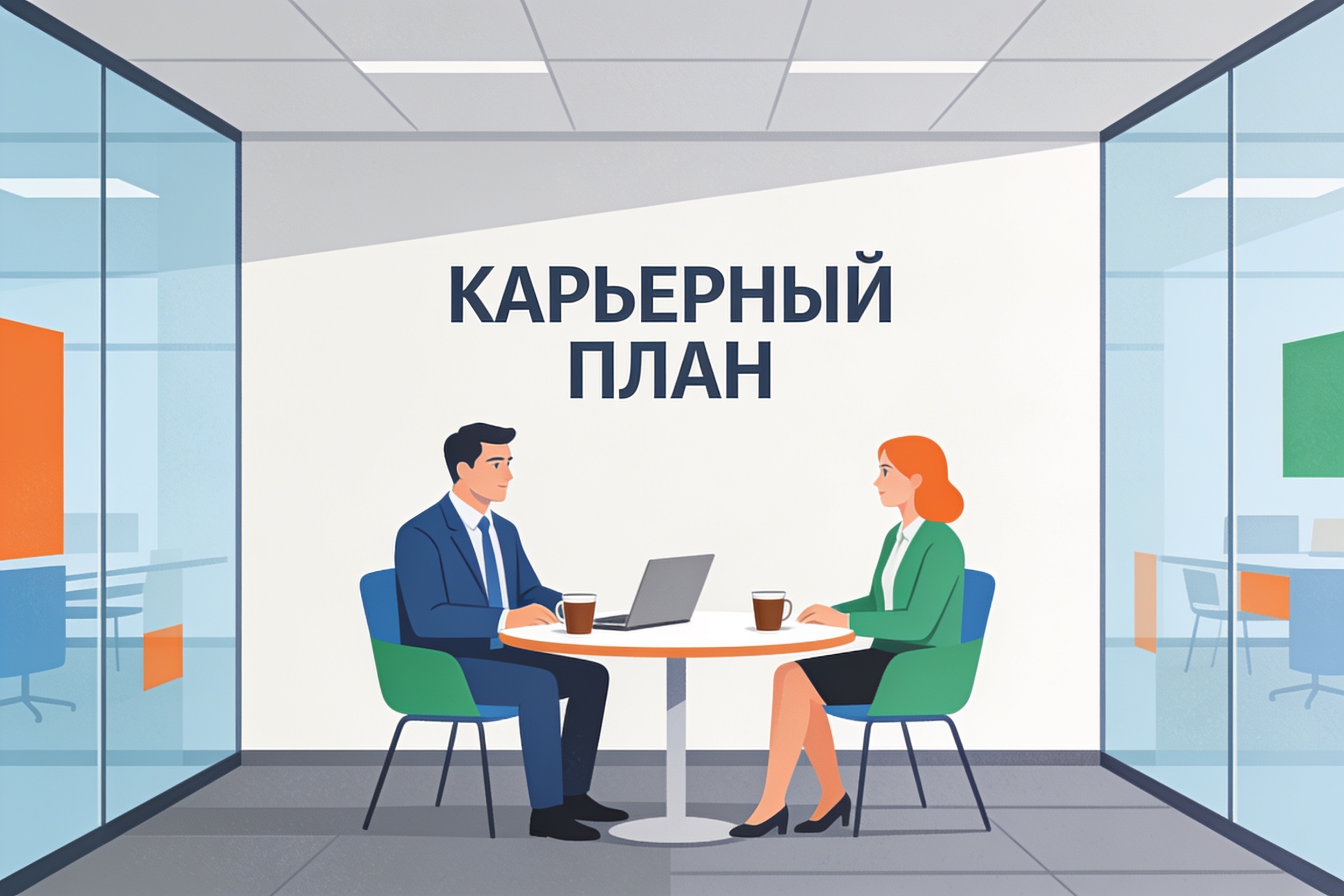 Самолидерство: как воспитать в команде взрослых 2 Руководитель проводит карьерную сессию с сотрудницей в переговорной