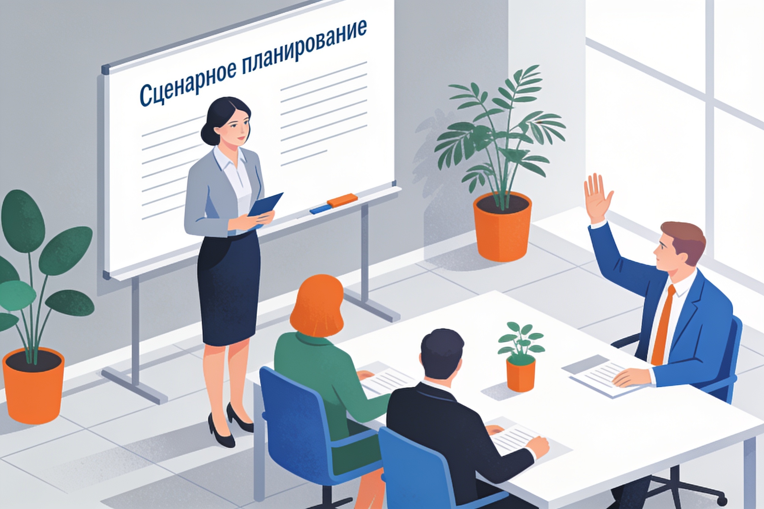Консультант проводит тренинг по сценарному планированию для топ-менеджеров.