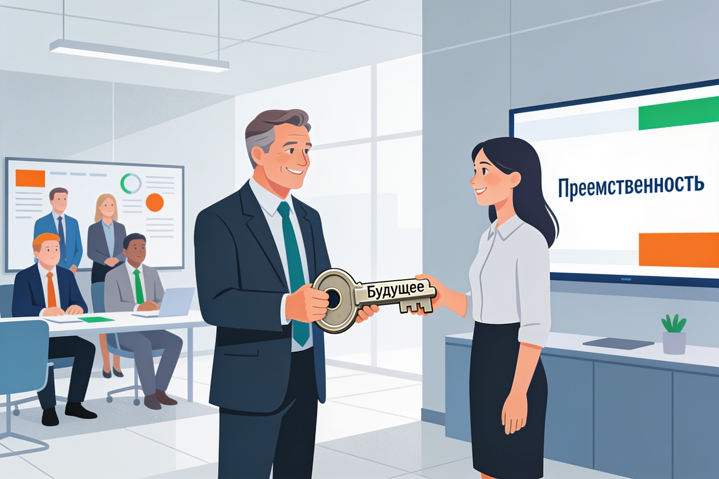 Символическая передача управления: CEO передает ключ от бизнеса преемнице.