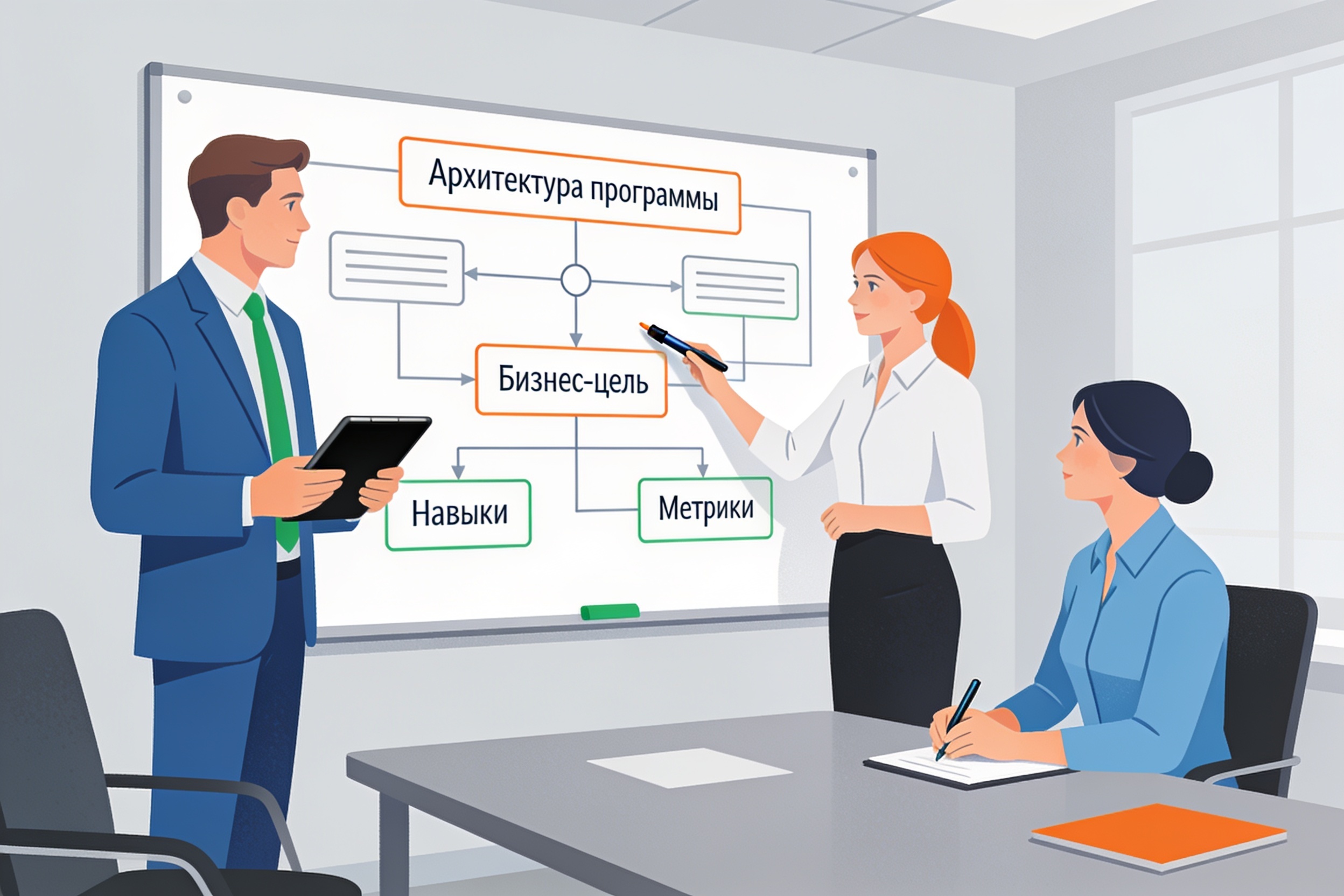 Смешанное обучение: как собрать программу, которая меняет бизнес, а не просто «проходит» 1 Команда разрабатывает архитектуру смешанной программы обучения на фасилитационной сессии