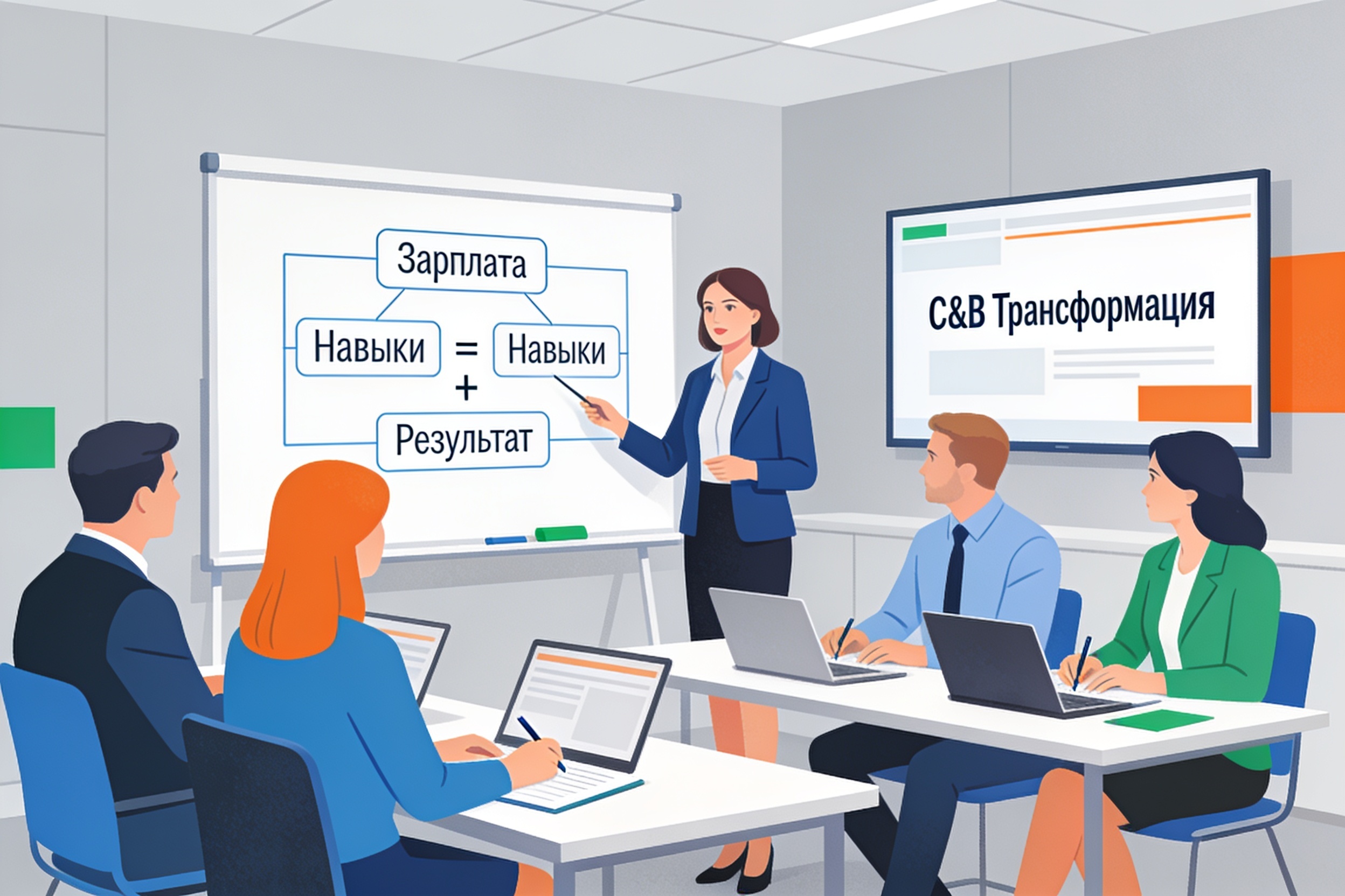 Тренер объясняет формулу 'Зарплата = Навыки + Результат' на семинаре по компенсациям