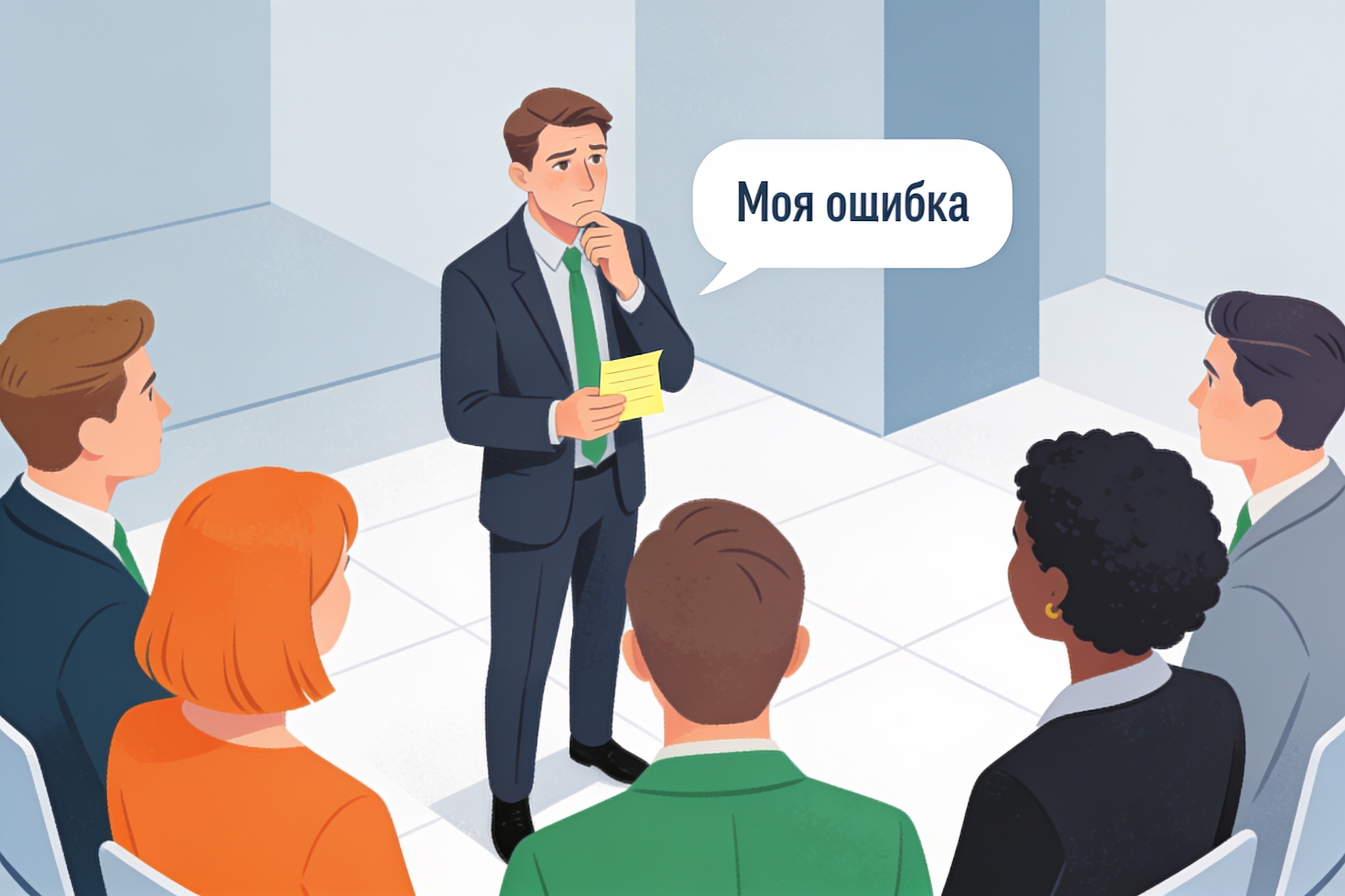 Руководитель публично признает свою ошибку перед командой, демонстрируя лидерскую зрелость и укрепляя доверие