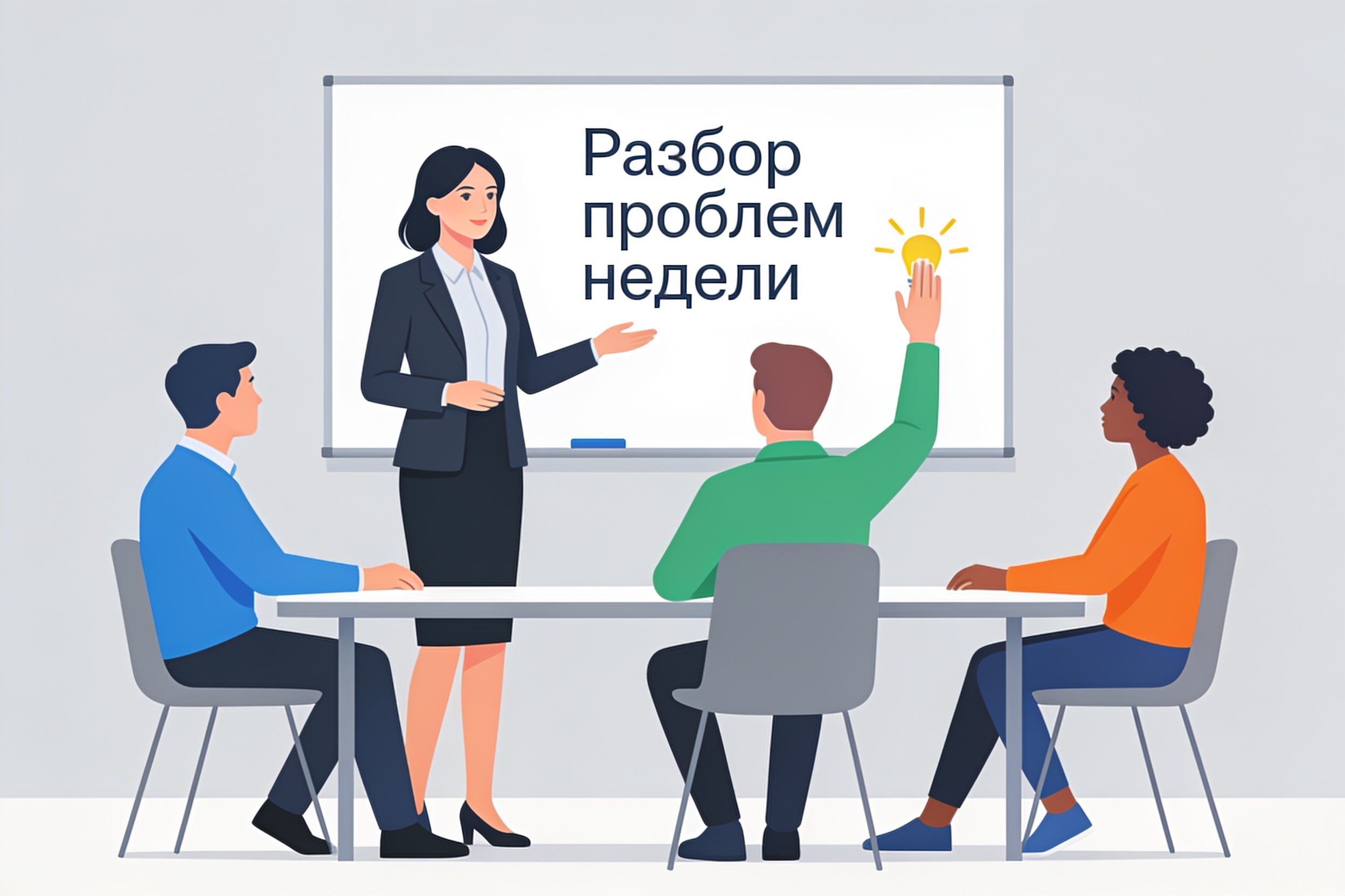 Руководитель фасилитирует обсуждение проблем на планёрке, сотрудник предлагает идею.