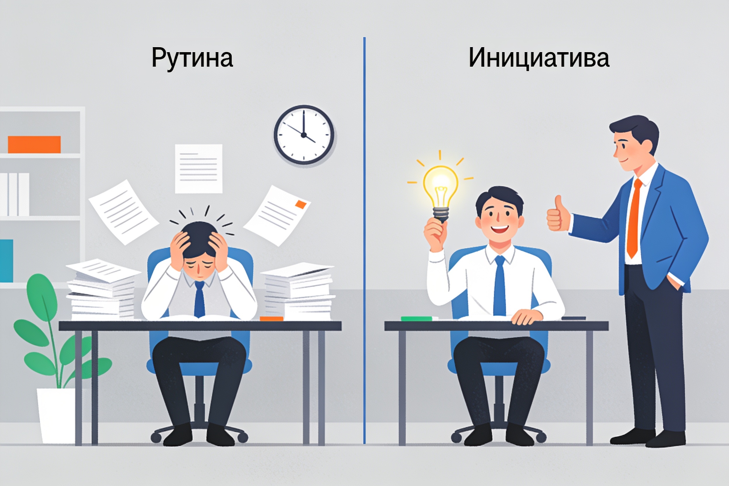 Контраст между рутиной и поддержкой инициативы: сотрудник с идеей получает одобрение руководителя.