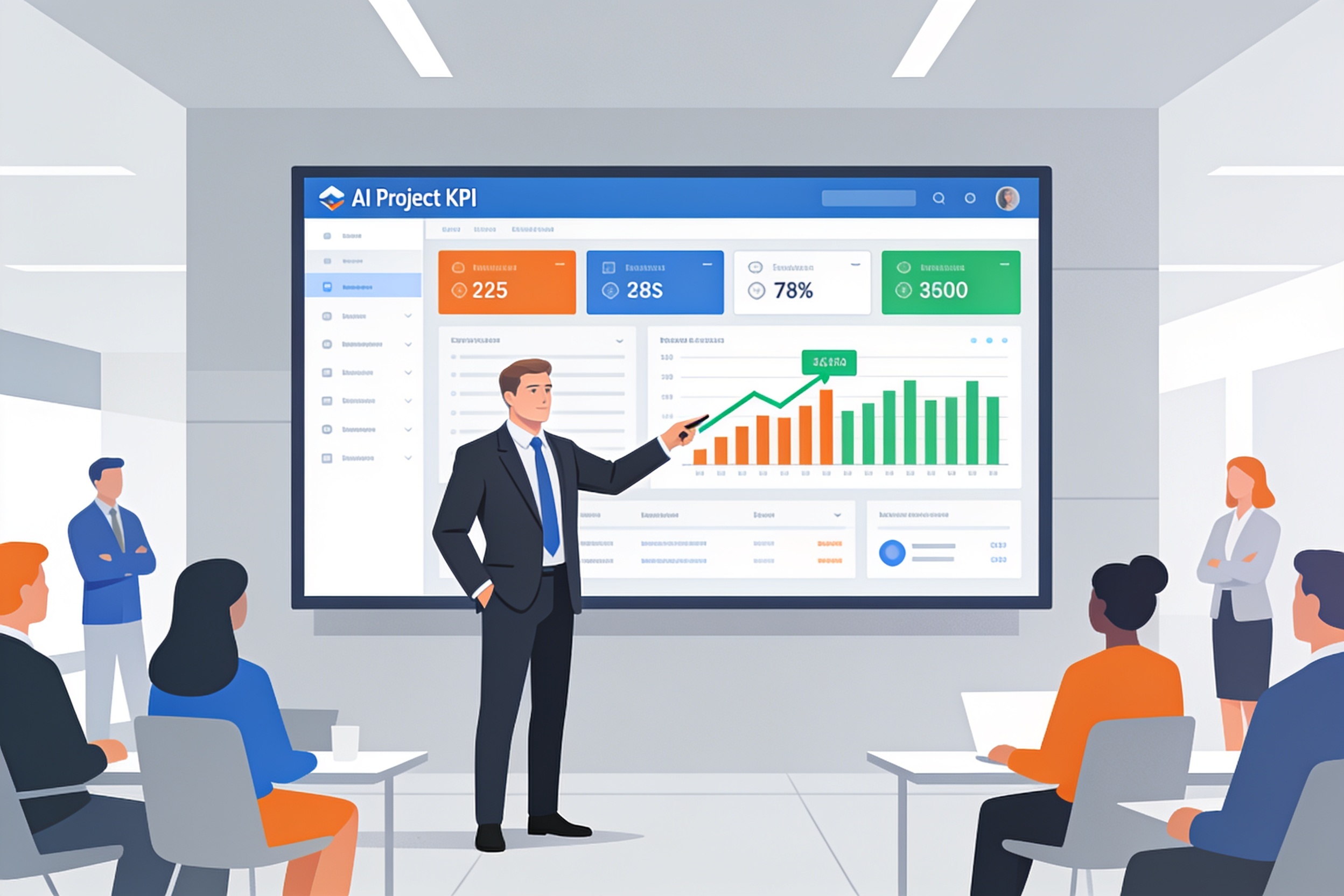 Руководитель демонстрирует KPI успешного AI-проекта на цифровой панели.