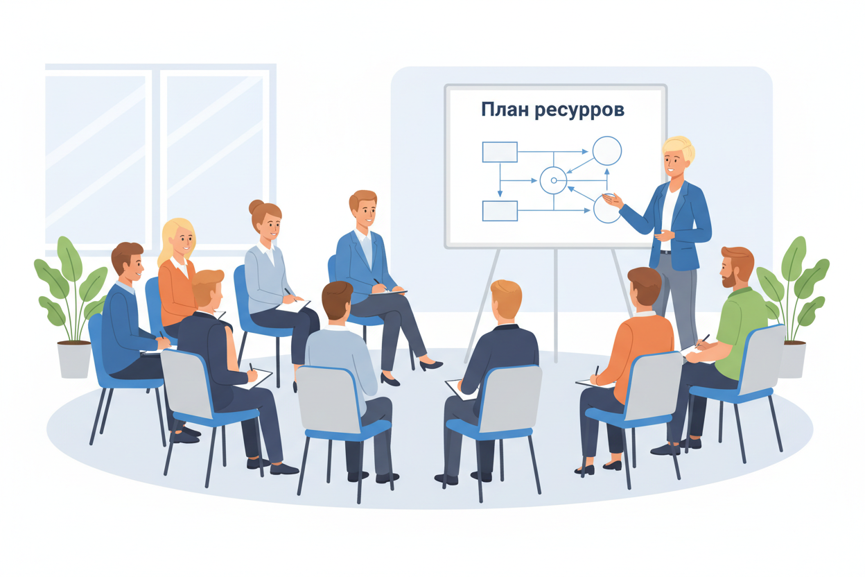 Семинар по управлению ресурсами: участники разбирают кейсы.