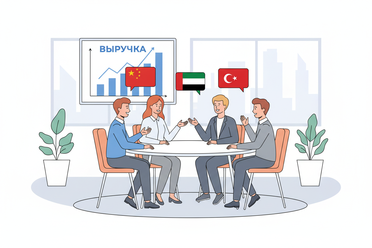 Мультиязычная команда обсуждает рост международной выручки