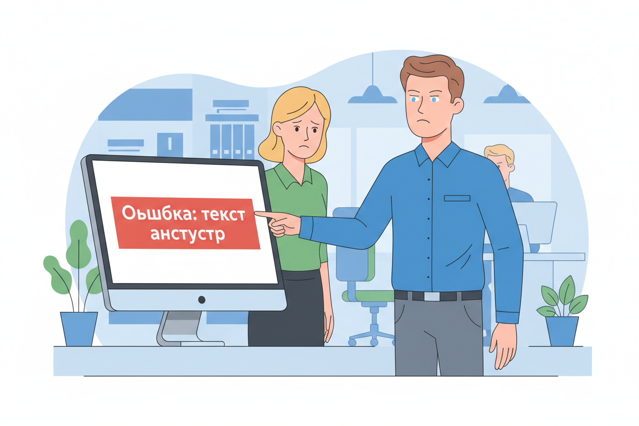 Мужчина указывает на монитор с ошибкой об отсутствии текста