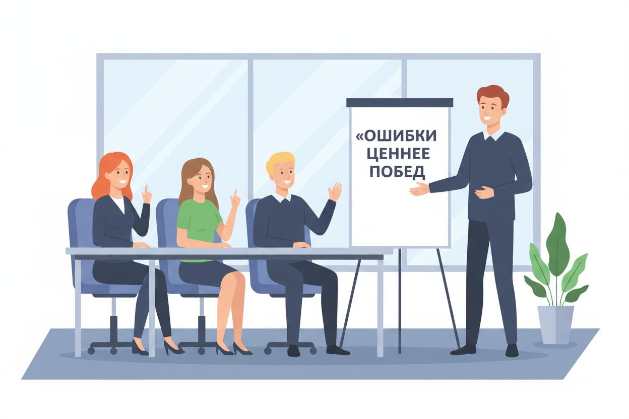 Руководитель славянской внешности на фасилитационной сессии: на доске фраза «Ошибки ценнее побед».