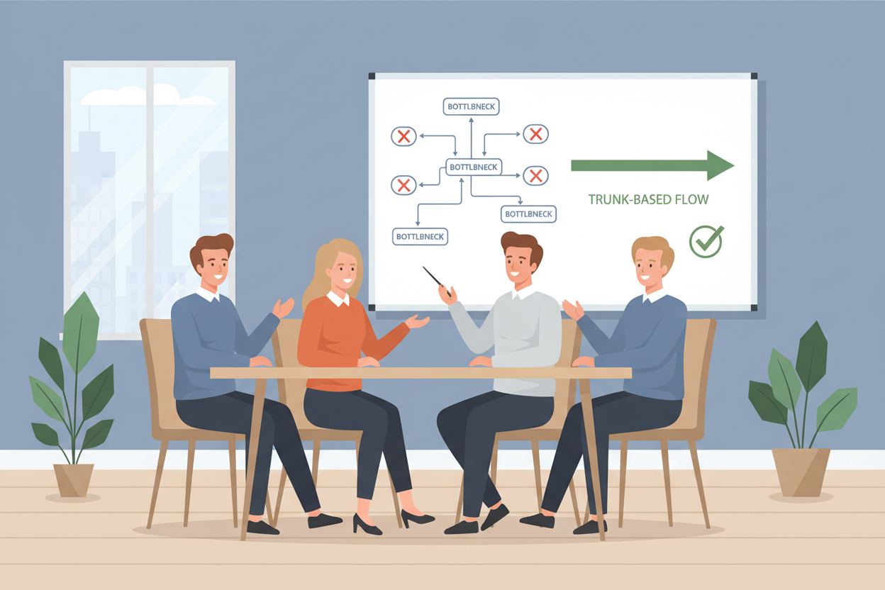 Команда на ретроспективе обсуждает переход к Trunk-Based Development