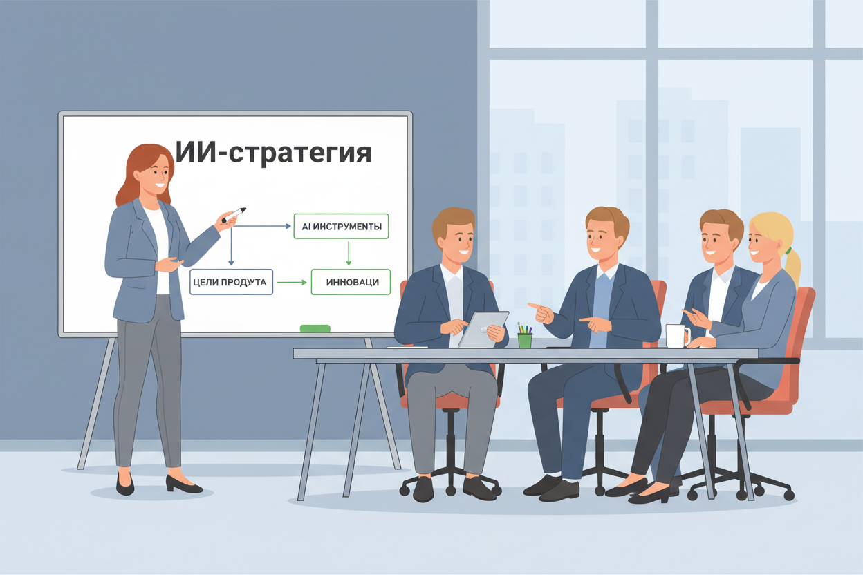 Стратегическая сессия: команда обсуждает ИИ-стратегию, на доске надпись на русском.