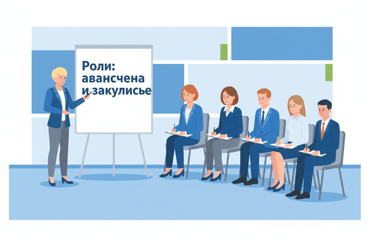 Тренинг по ролям в команде: надпись «Роли: авансцена и закулисье» на флипчарте