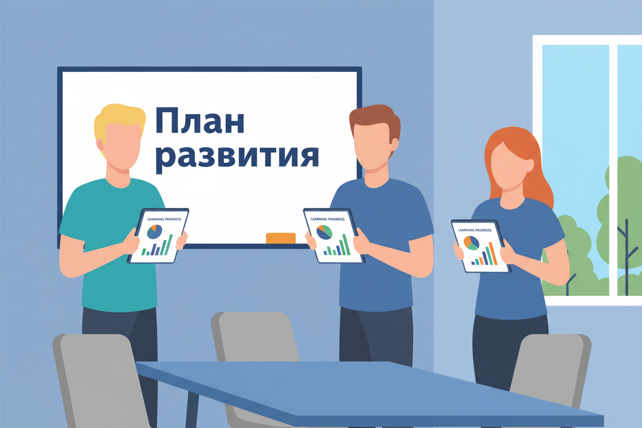 Команда обсуждает прогресс обучения руководителей на планшетах
