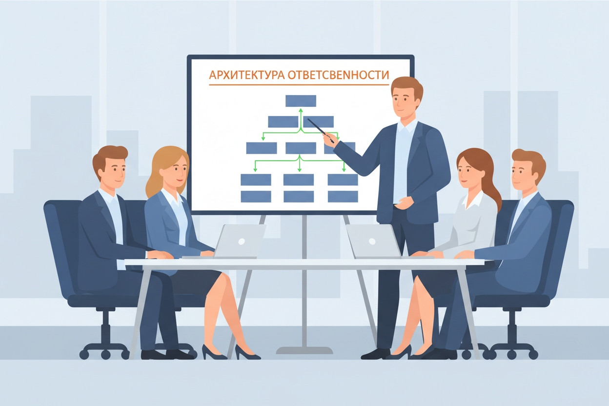 Команда обсуждает управленческую структуру на стратегической сессии