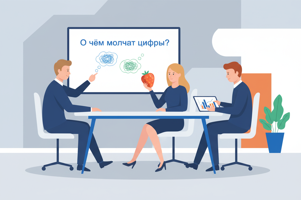 Обсуждение в офисе: доска с надписью «О чём молчат цифры?» и клубника в руках