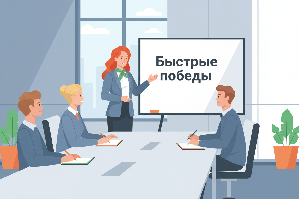 Совещание в офисе: обсуждение быстрых побед на испытательном сроке