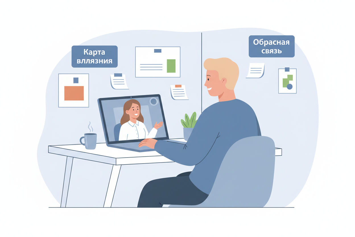 Сотрудник на удаленной встрече с наставником для получения обратной связи