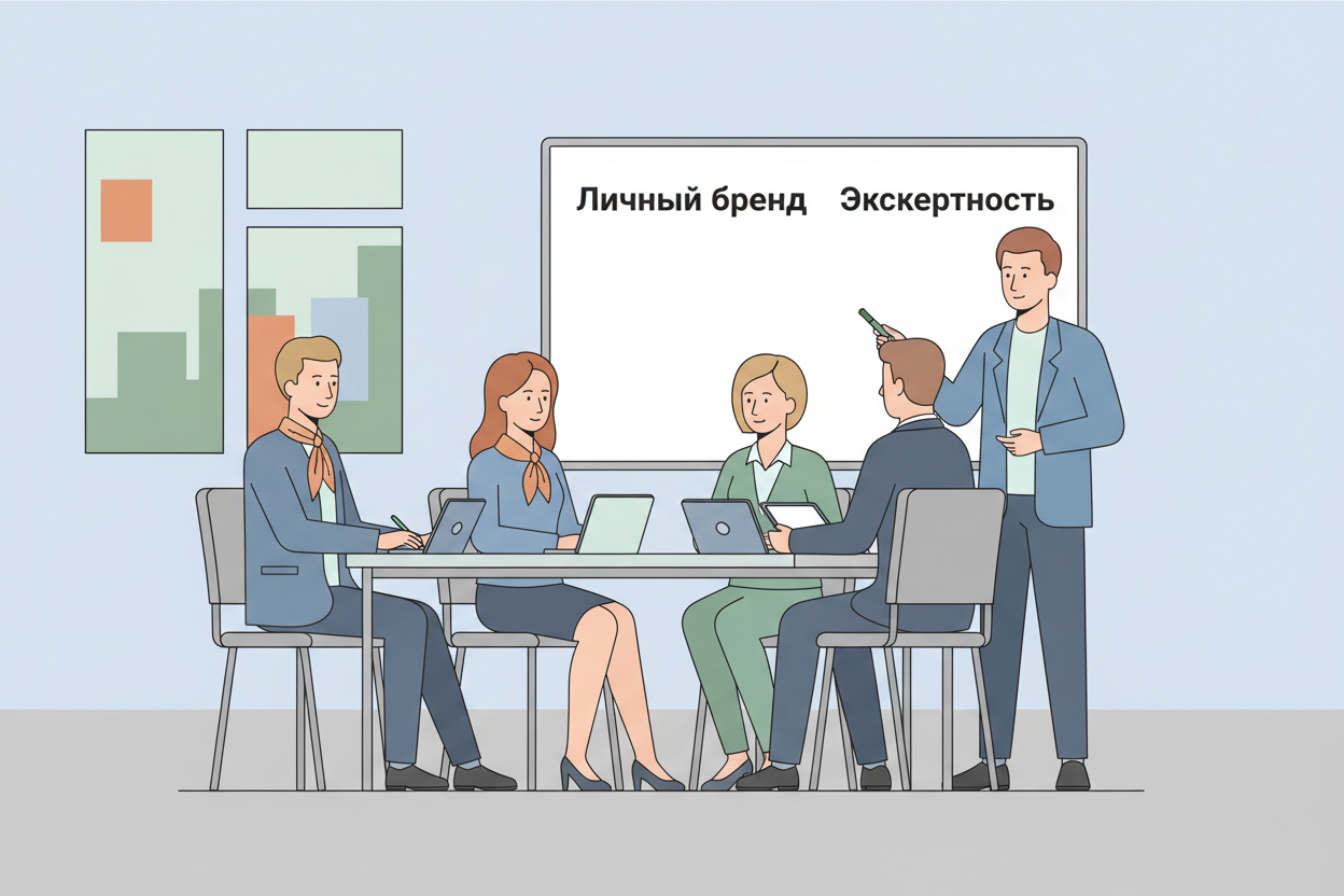 Группа на тренинге обсуждает построение личного бренда и экспертности