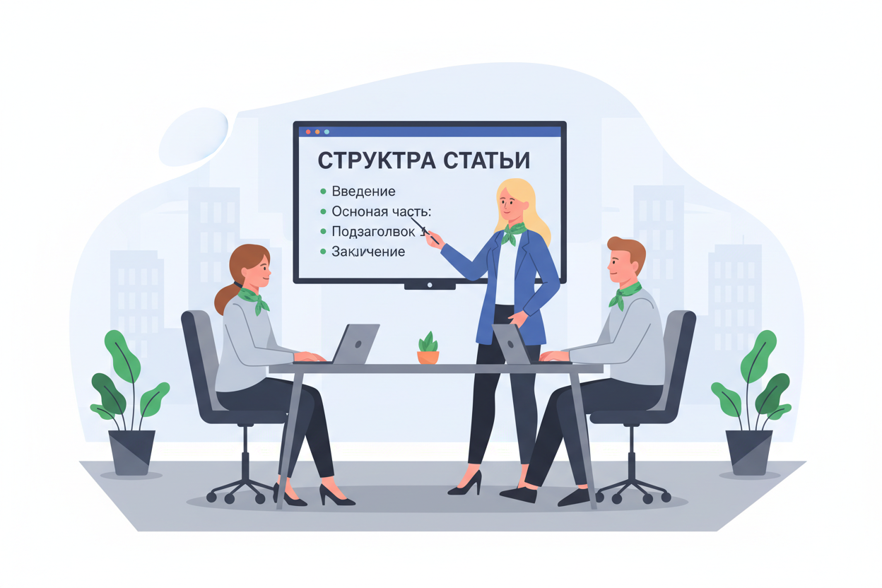 Команда обсуждает структуру статьи на тренинге по деловым коммуникациям