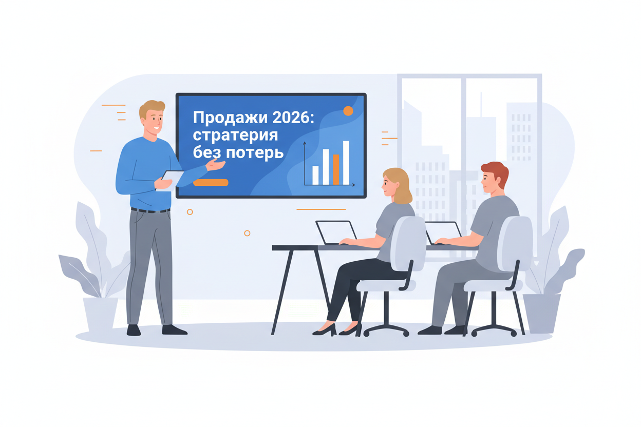 Руководитель показывает презентацию с сильным заголовком