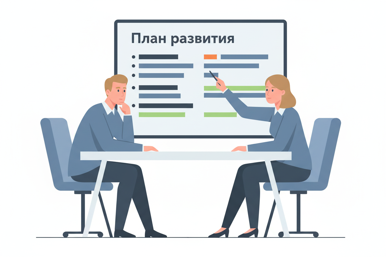 Коуч и руководитель работают над индивидуальным планом развития