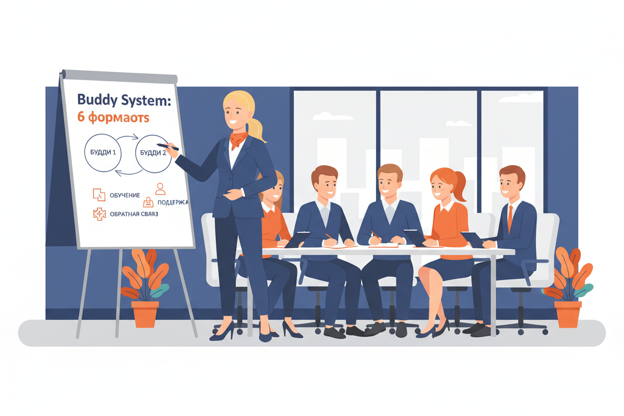 Тренер объясняет схему buddy system на корпоративном обучении