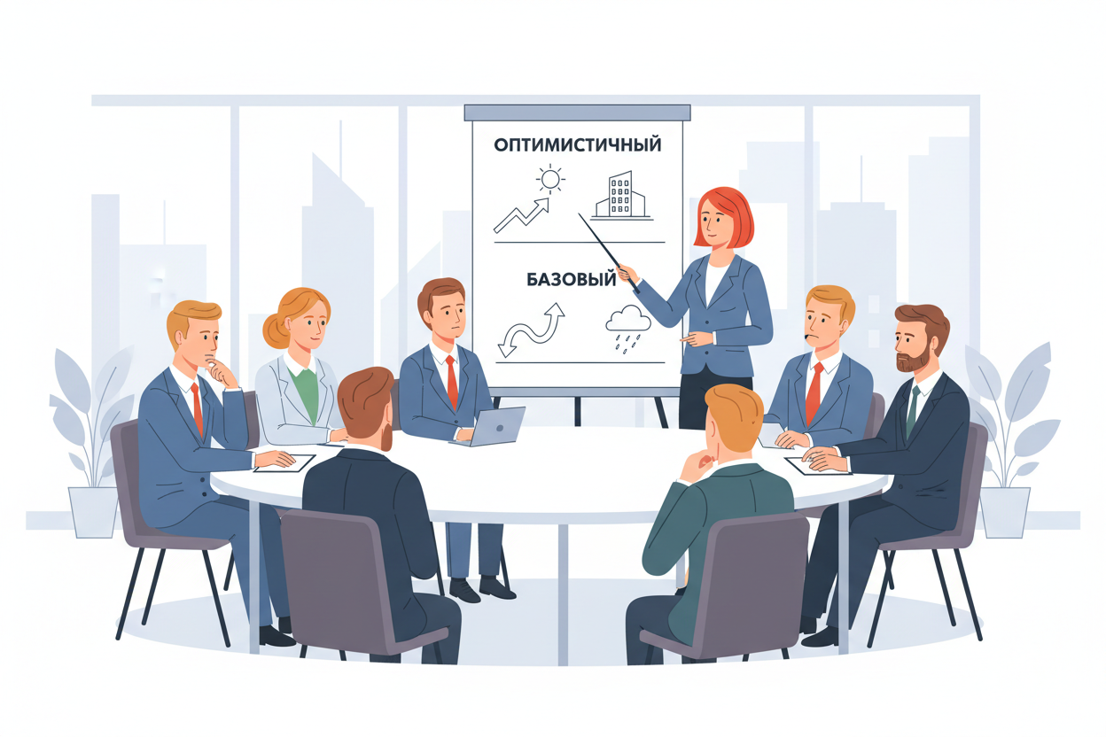Топ-менеджеры на стратегической сессии обсуждают сценарии