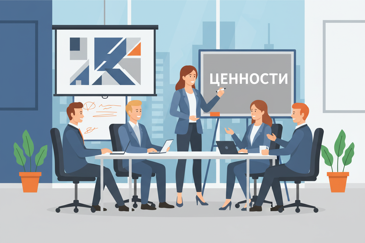 Лидер обсуждает корпоративные ценности с командой на тренинге